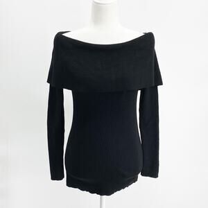 WHBM Black Off Shoulder Ribbed Sweater Bow Back XS